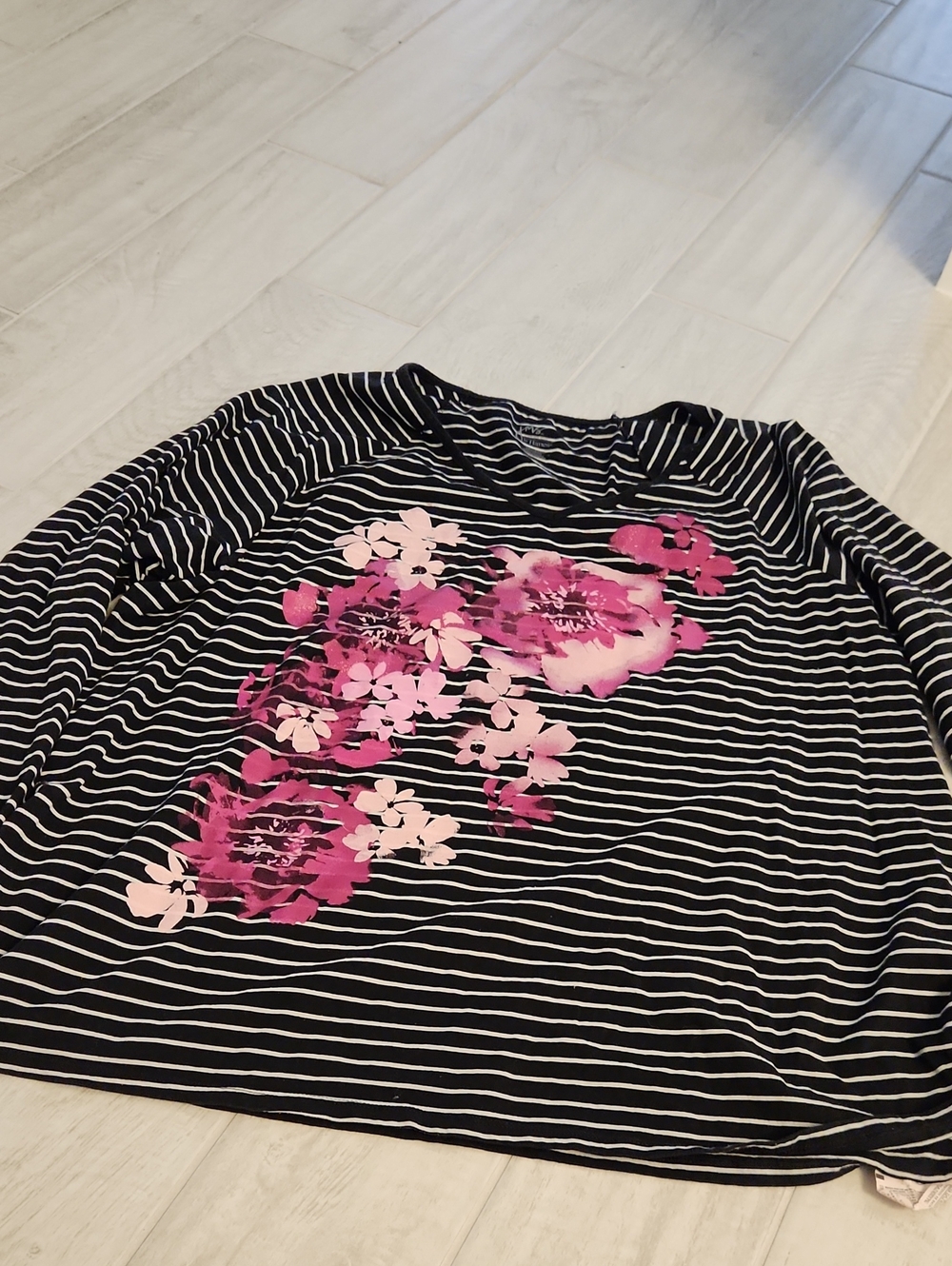 Striped Black & White Floral Print Women’s Top - Pink Blooms
